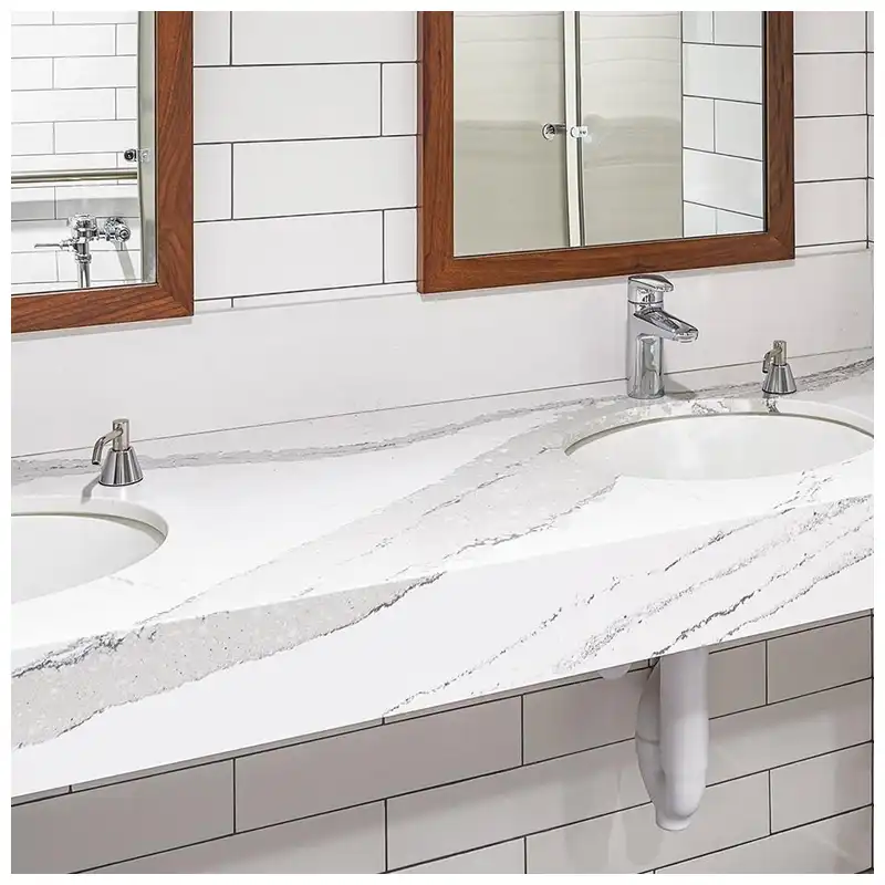 Quartz Vanity Top Thickness for Hotel Bathrooms- 20 mm 30 mm Built-Up Edges and Cabinet Support Quartz Vanity Top Thickness for Hotel Bathrooms- 20 mm 30 mm Built-Up Edges and Cabinet Support